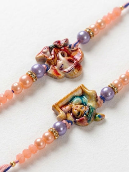 NVR Set of 2 Krishna Ji & Ganesh Ji Beaded Religious Thread Rakhi with Roli Chawal
