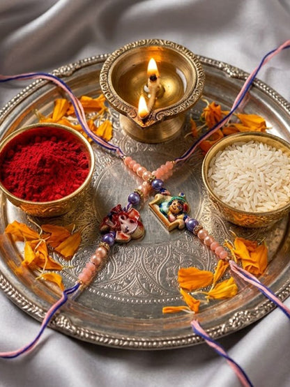 NVR Set of 2 Krishna Ji & Ganesh Ji Beaded Religious Thread Rakhi with Roli Chawal