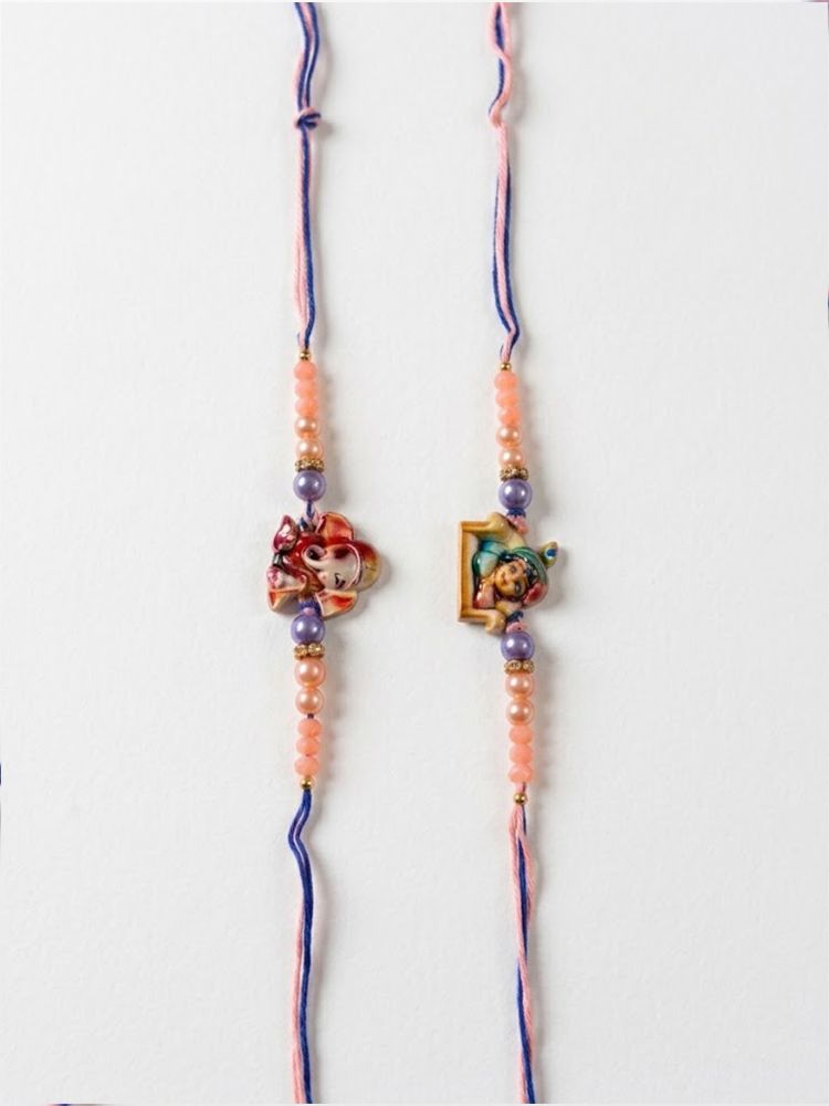 NVR Set of 2 Krishna Ji & Ganesh Ji Beaded Religious Thread Rakhi with Roli Chawal