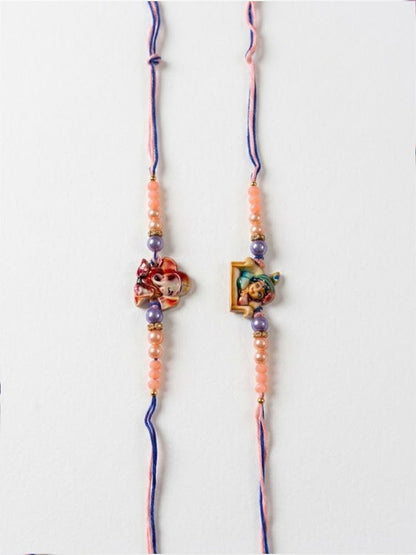 NVR Set of 2 Krishna Ji & Ganesh Ji Beaded Religious Thread Rakhi with Roli Chawal