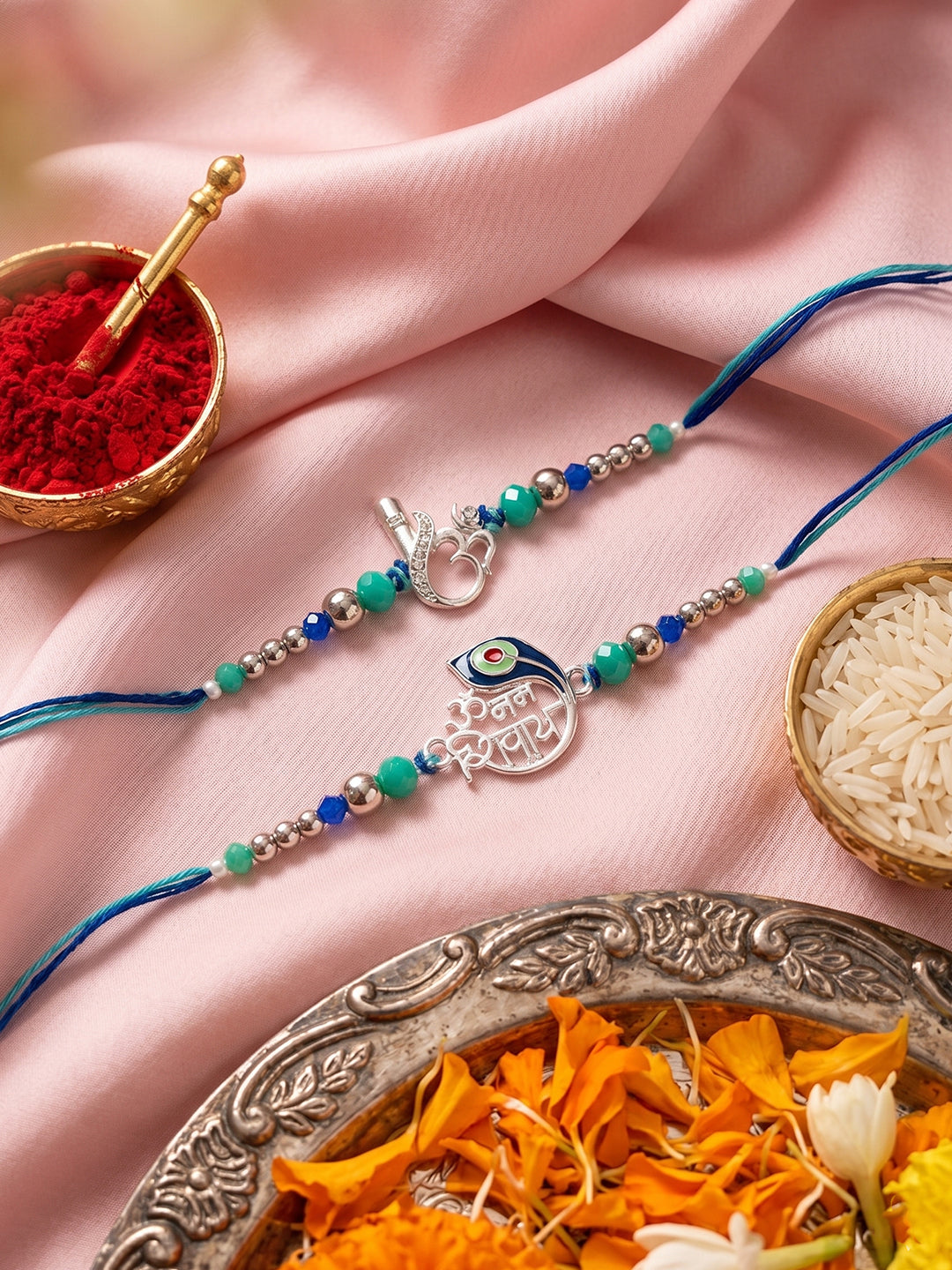 NVR Set of 2 Silver Toned Beaded Religious Thread Rakhi with Roli Chawal Chandan Mishri