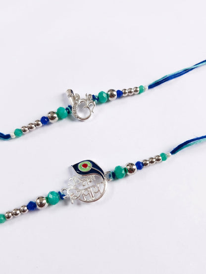 NVR Set of 2 Silver Toned Beaded Religious Thread Rakhi with Roli Chawal Chandan Mishri
