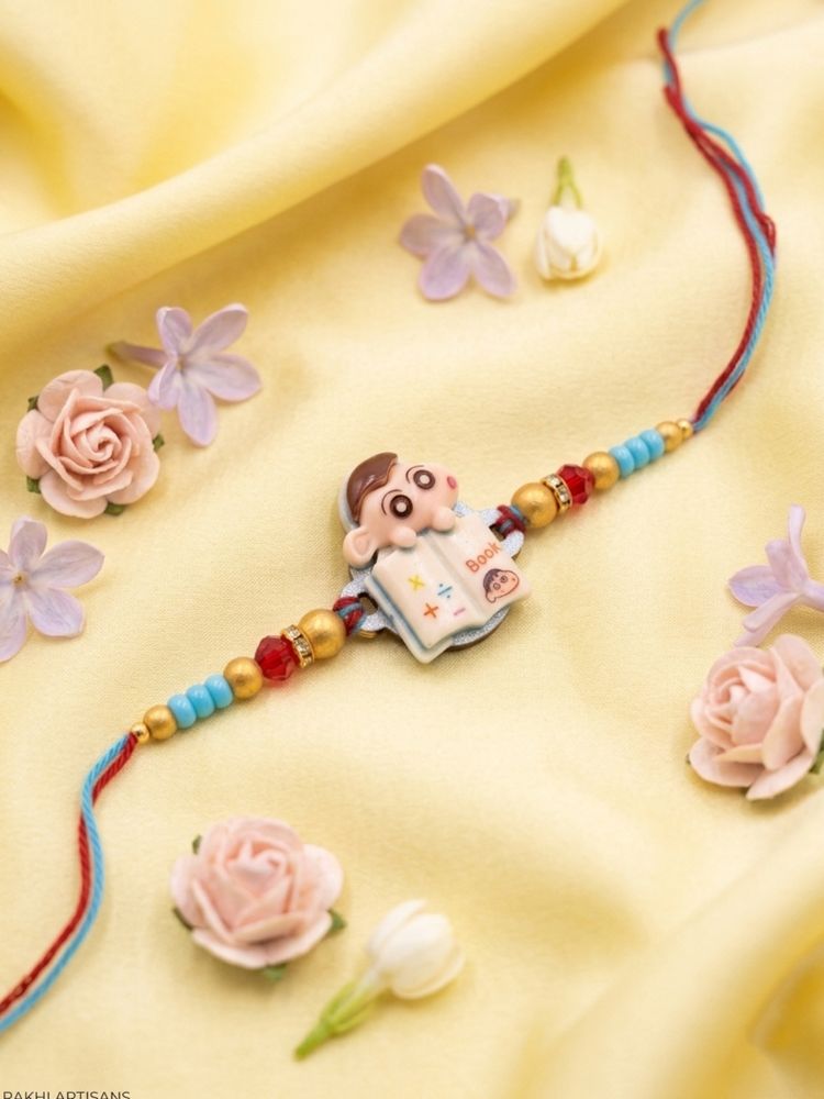 NVR Kids Shinchan Character Artificial Beads Thread Rakhi with Roli Chawal Chandan Mishri