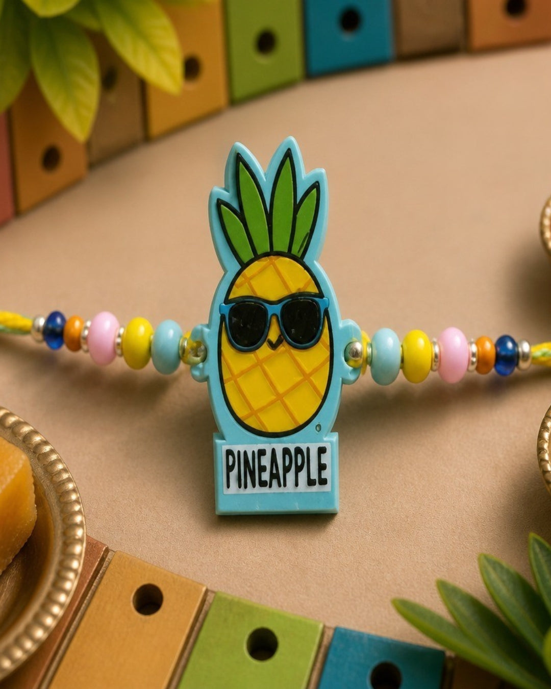 NVR Pineapple Design Kids Thread Rakhi with Roli Chawal Chandan Mishri