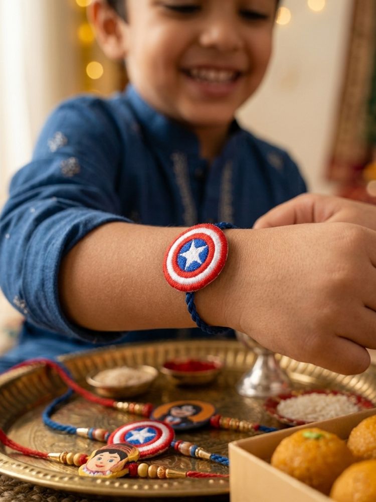 NVR Stylish Red & Blue Avengers Design Kids Rakhi with Roli Chawal Chandan Mishri