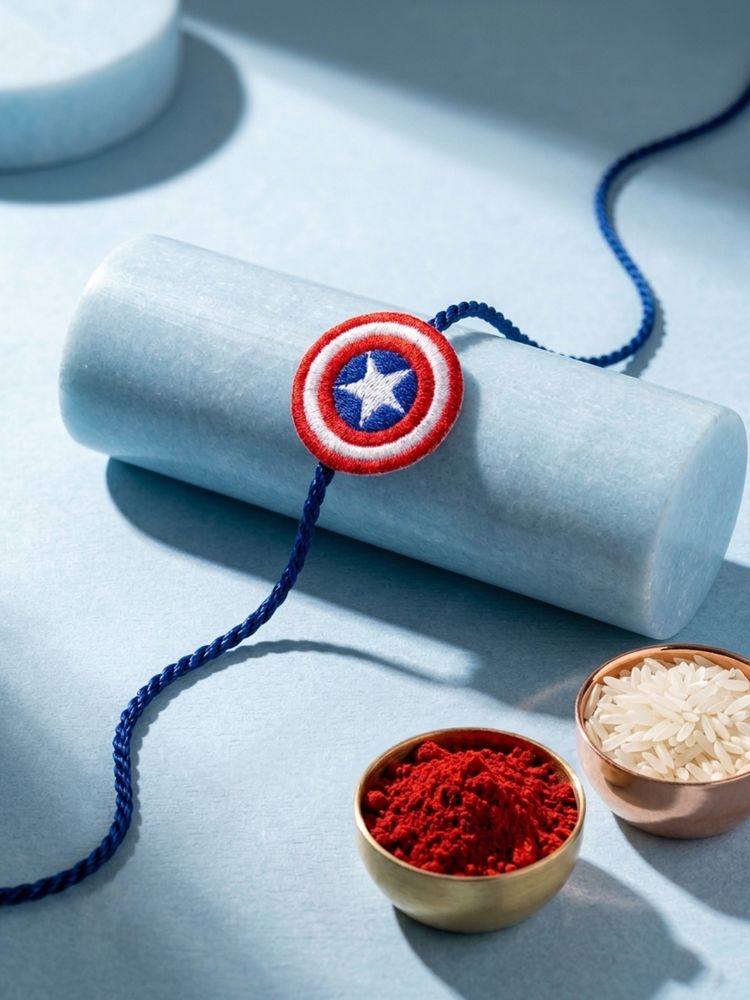 NVR Stylish Red & Blue Avengers Design Kids Rakhi with Roli Chawal Chandan Mishri