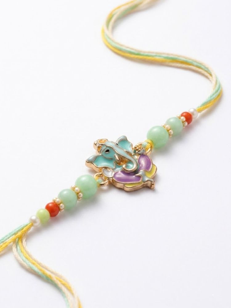 NVR Multicolor Artificial Beads Ganesh Ji Thread Rakhi With Roli Chawal Chandan Mishri