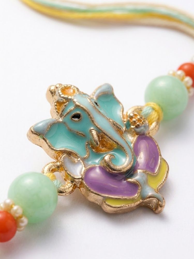 NVR Multicolor Artificial Beads Ganesh Ji Thread Rakhi With Roli Chawal Chandan Mishri