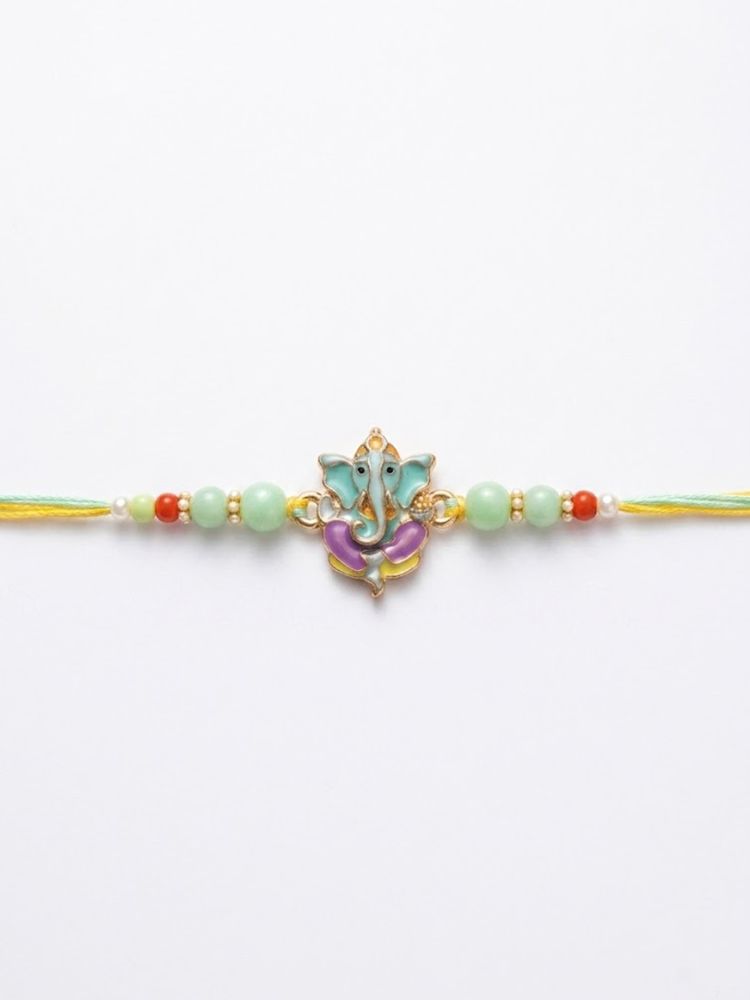 NVR Multicolor Artificial Beads Ganesh Ji Thread Rakhi With Roli Chawal Chandan Mishri