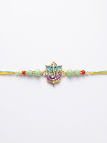 NVR Multicolor Artificial Beads Ganesh Ji Thread Rakhi With Roli Chawal Chandan Mishri