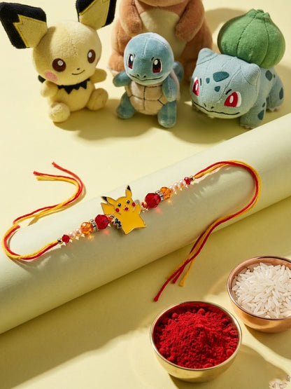 NVR Kids Pikachu Pokemon Cartoon Yellow & Red Thread Rakhi with Roli Chawal Chandan Mishri