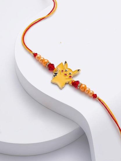 NVR Kids Pikachu Pokemon Cartoon Yellow & Red Thread Rakhi with Roli Chawal Chandan Mishri