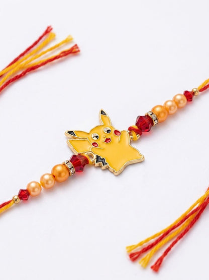 NVR Kids Pikachu Pokemon Cartoon Yellow & Red Thread Rakhi with Roli Chawal Chandan Mishri