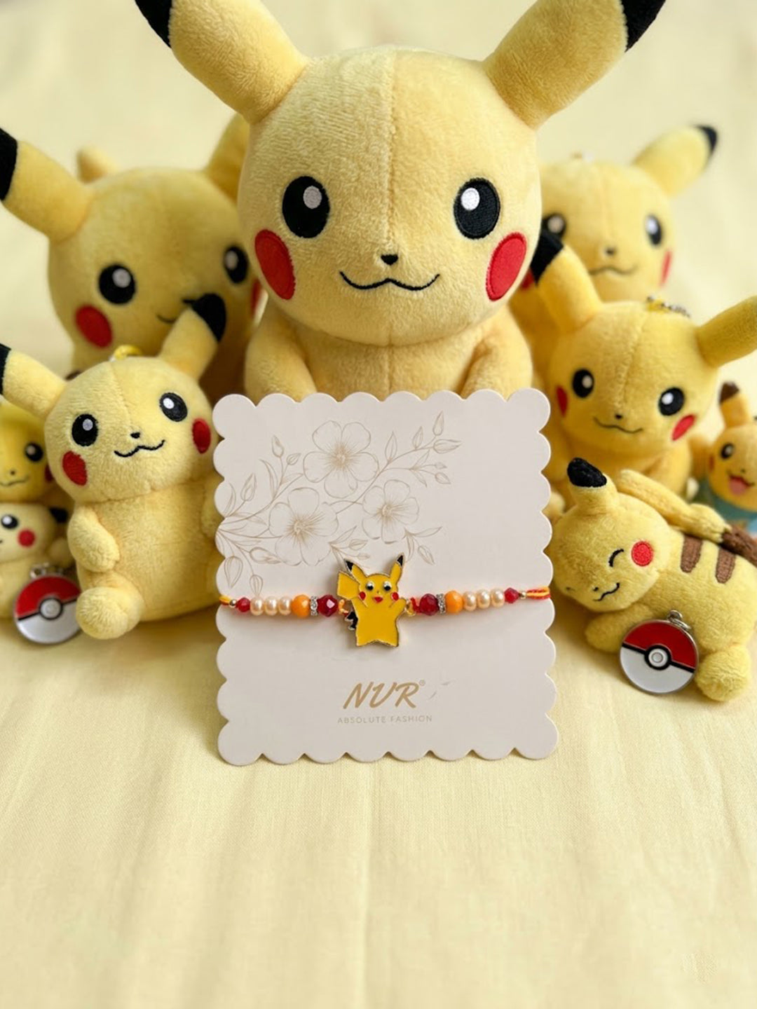 NVR Kids Pikachu Pokemon Cartoon Yellow & Red Thread Rakhi with Roli Chawal Chandan Mishri