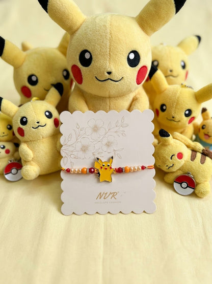 NVR Kids Pikachu Pokemon Cartoon Yellow & Red Thread Rakhi with Roli Chawal Chandan Mishri