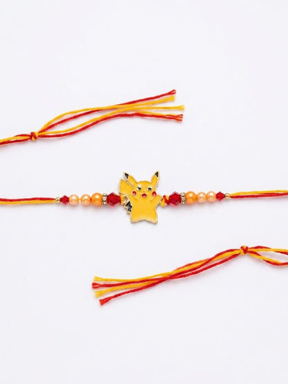 NVR Kids Pikachu Pokemon Cartoon Yellow & Red Thread Rakhi with Roli Chawal Chandan Mishri
