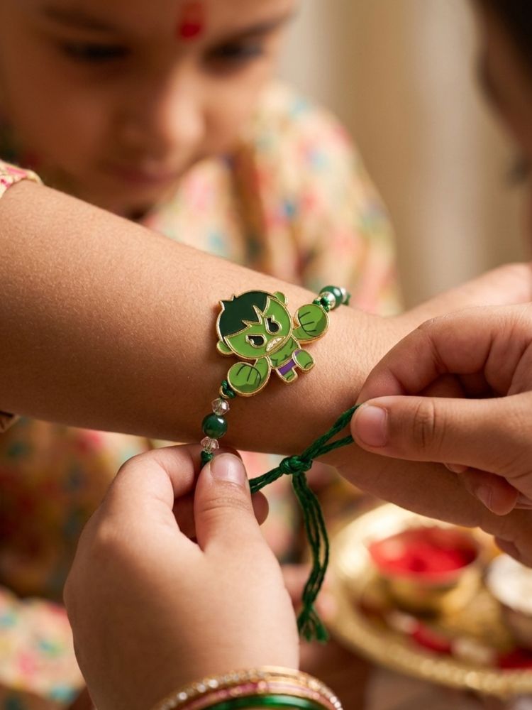 NVR Kids Hulk Character Artificial Beads Thread Rakhi with Roli Chawal Chandan Mishri