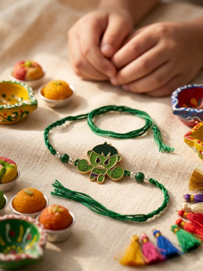 NVR Kids Hulk Character Artificial Beads Thread Rakhi with Roli Chawal Chandan Mishri