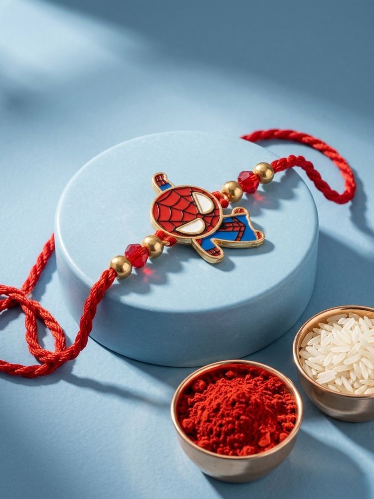 NVR Kids Spider Man Character Artificial Beads Thread Rakhi with Roli Chawal Chandan