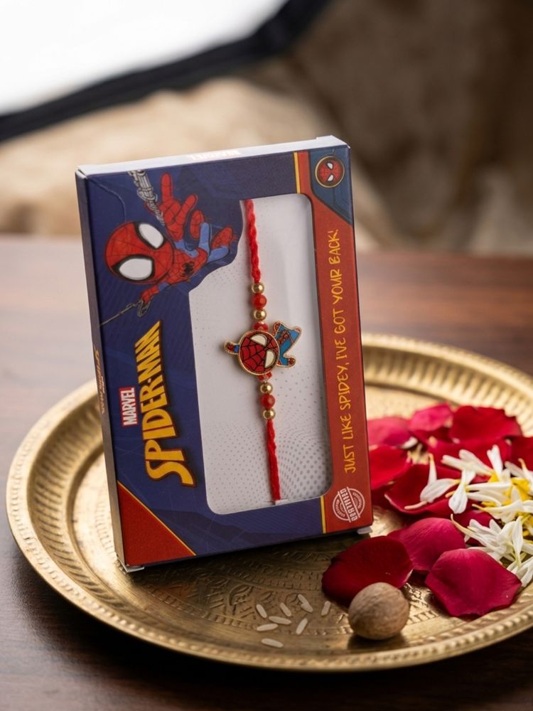 NVR Kids Spider Man Character Artificial Beads Thread Rakhi with Roli Chawal Chandan