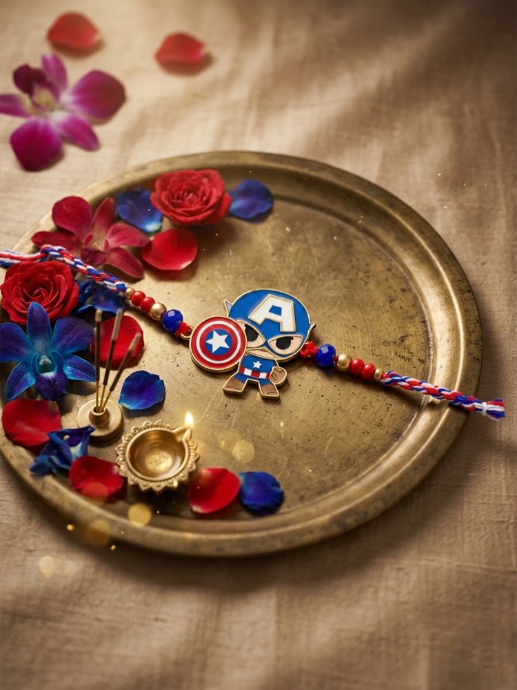 NVR Kids Avengers Character Artificial Beads Thread Rakhi with Roli Chawal Chandan Mishri