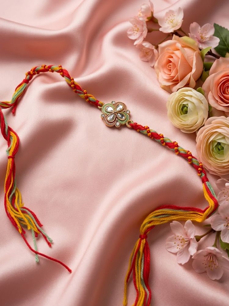 NVR Traditional Artificial Stones Thread Rakhi with Roli Chawal Chandan Mishri