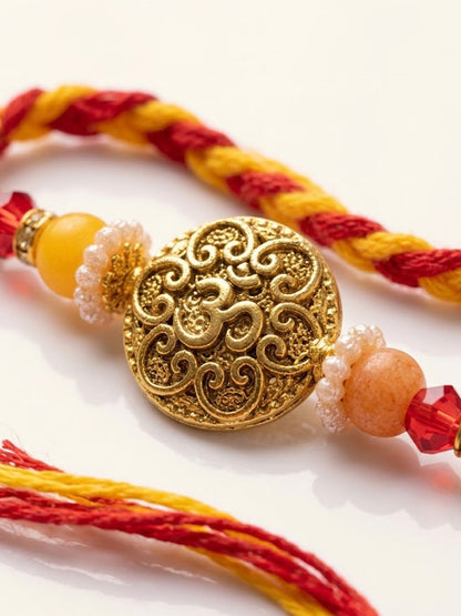 NVR Artificial Beads Decorative Om Design Religious Thread Rakhi with Roli Chawal Chandan