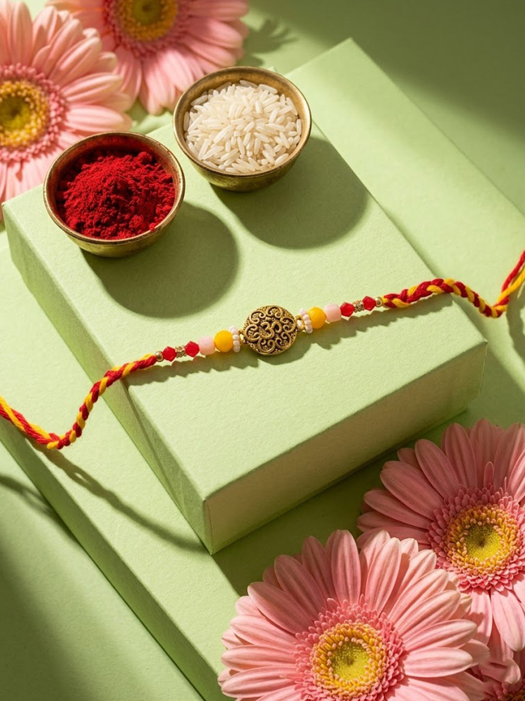 NVR Artificial Beads Decorative Om Design Religious Thread Rakhi with Roli Chawal Chandan