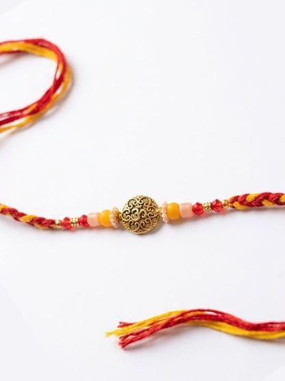 NVR Artificial Beads Decorative Om Design Religious Thread Rakhi with Roli Chawal Chandan