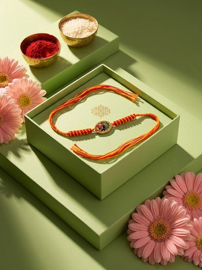 NVR Om Motif Divine Religious Thread Rakhi with Roli Chawal Chandan Mishri