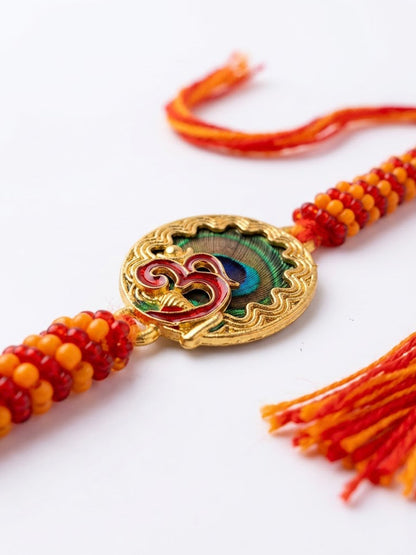 NVR Om Motif Divine Religious Thread Rakhi with Roli Chawal Chandan Mishri
