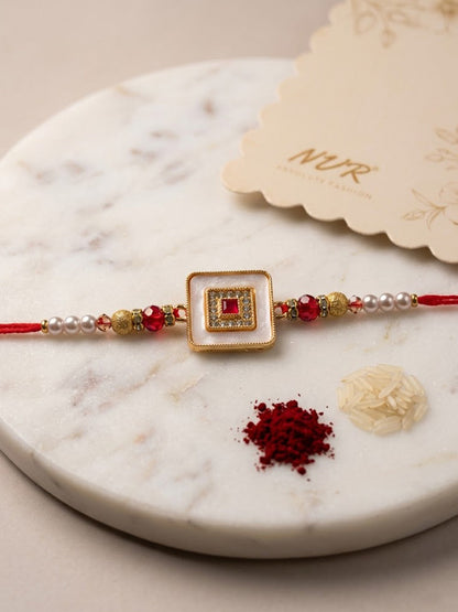 NVR Square Design Multicolor Artificial Stones & Pearls Thread Rakhi With Roli Chawal