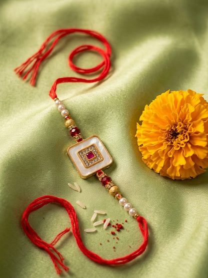NVR Square Design Multicolor Artificial Stones & Pearls Thread Rakhi With Roli Chawal