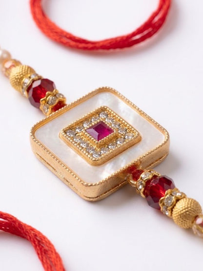 NVR Square Design Multicolor Artificial Stones & Pearls Thread Rakhi With Roli Chawal