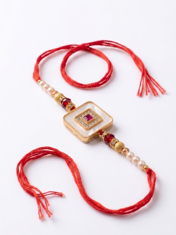 NVR Square Design Multicolor Artificial Stones & Pearls Thread Rakhi With Roli Chawal