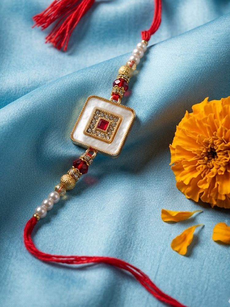 NVR Square Design Multicolor Artificial Stones & Pearls Thread Rakhi With Roli Chawal