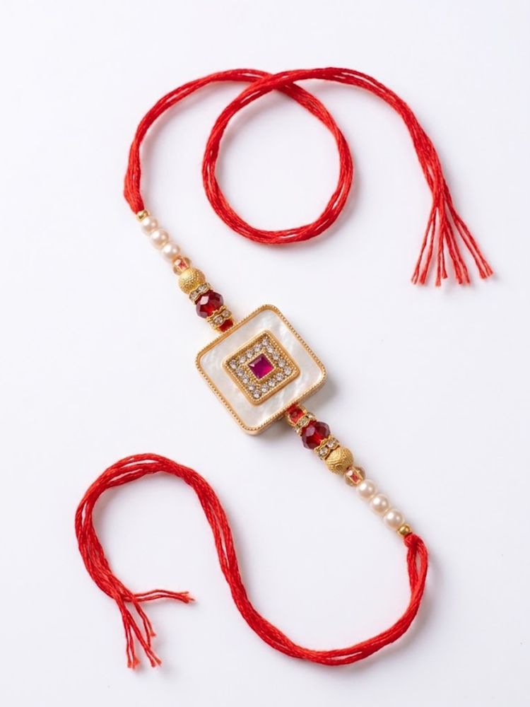 NVR Square Design Multicolor Artificial Stones & Pearls Thread Rakhi With Roli Chawal