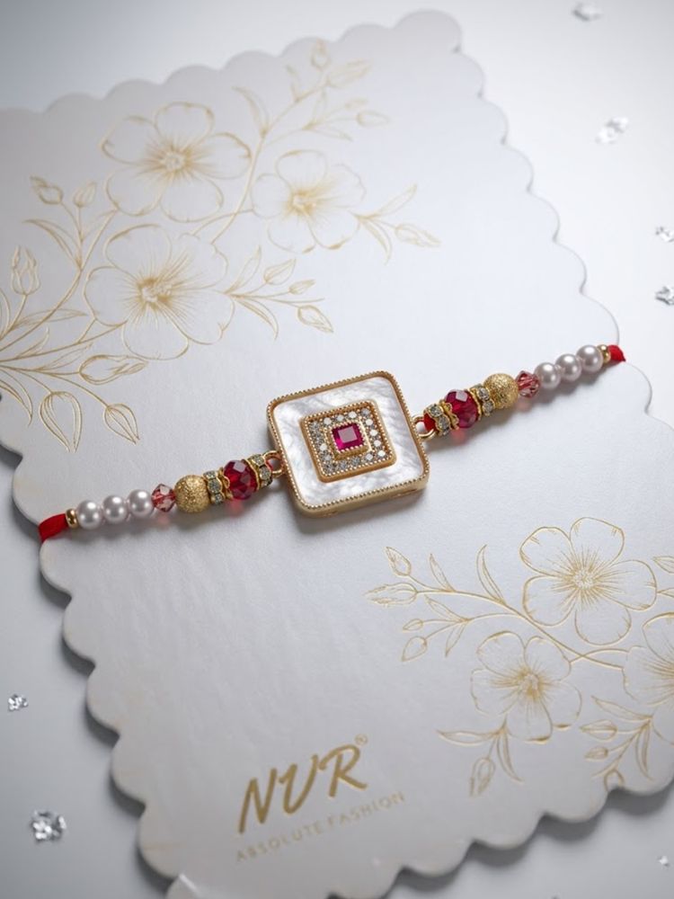 NVR Square Design Multicolor Artificial Stones & Pearls Thread Rakhi With Roli Chawal