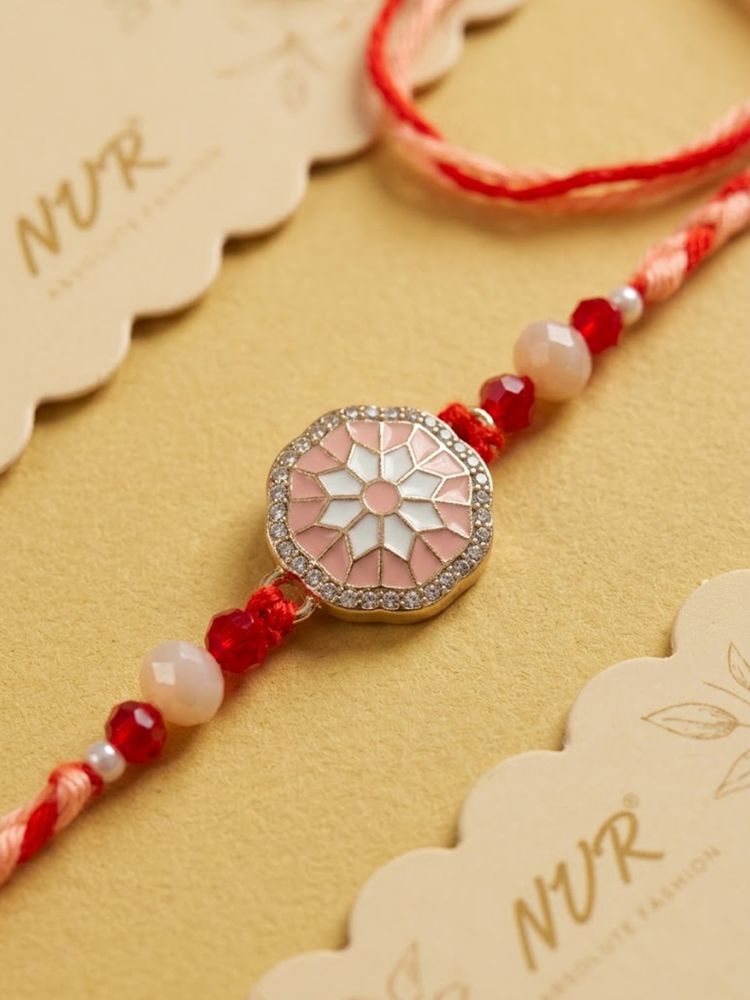 NVR Floral Design Multicolor Artificial Stones & Beads Thread Rakhi With Roli Chawal