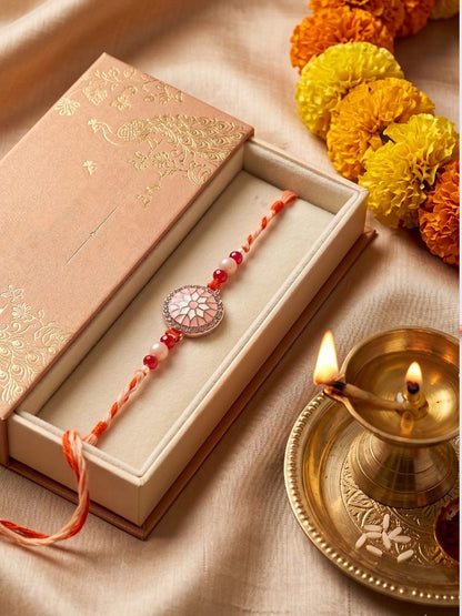 NVR Floral Design Multicolor Artificial Stones & Beads Thread Rakhi With Roli Chawal