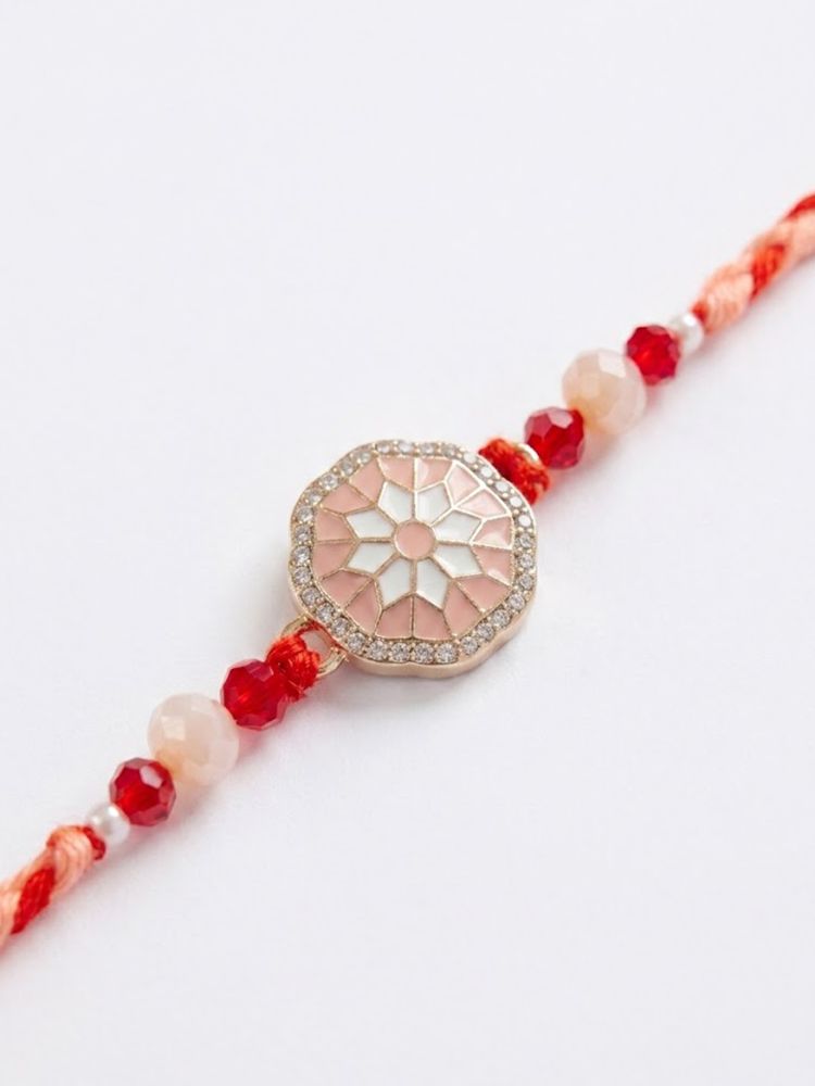 NVR Floral Design Multicolor Artificial Stones & Beads Thread Rakhi With Roli Chawal