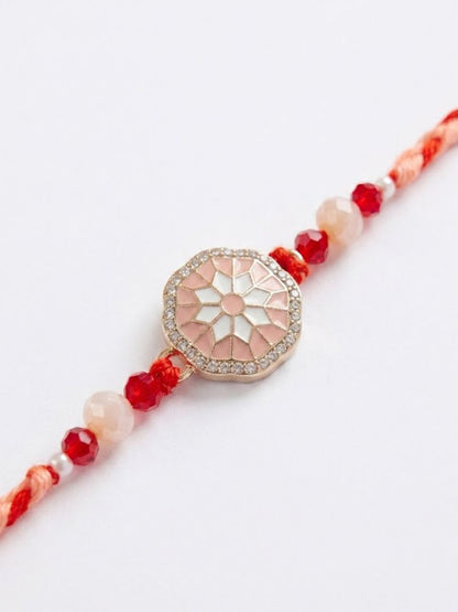 NVR Floral Design Multicolor Artificial Stones & Beads Thread Rakhi With Roli Chawal