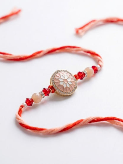 NVR Floral Design Multicolor Artificial Stones & Beads Thread Rakhi With Roli Chawal