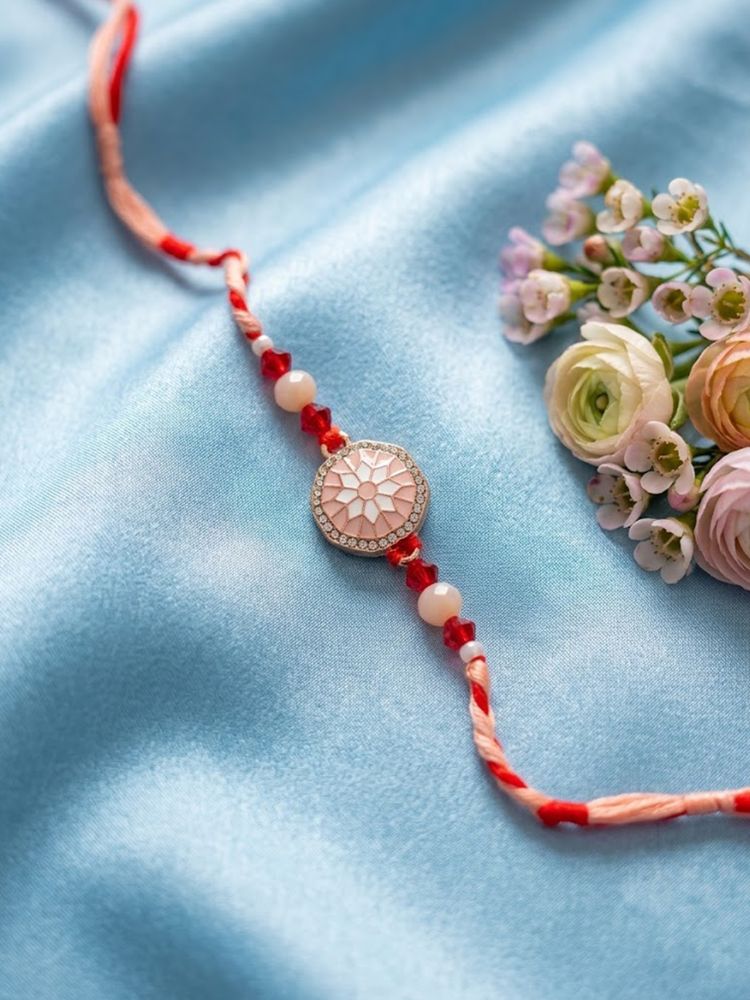 NVR Floral Design Multicolor Artificial Stones & Beads Thread Rakhi With Roli Chawal