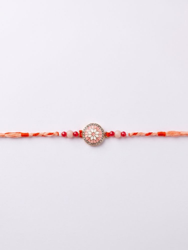 NVR Floral Design Multicolor Artificial Stones & Beads Thread Rakhi With Roli Chawal