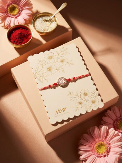 NVR Floral Design Multicolor Artificial Stones & Beads Thread Rakhi With Roli Chawal