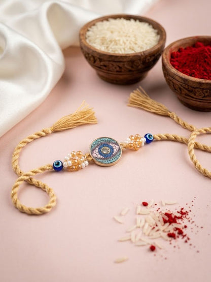 NVR Round Artificial Stones & Beads Brown Thread Rakhi With Roli Chawal Chandan Mishri