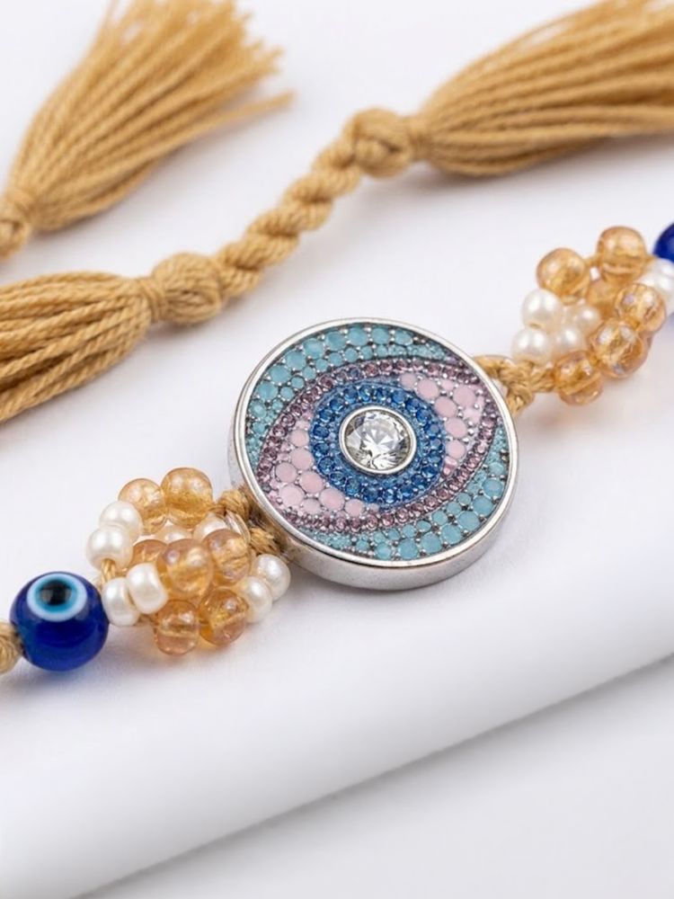 NVR Round Artificial Stones & Beads Brown Thread Rakhi With Roli Chawal Chandan Mishri