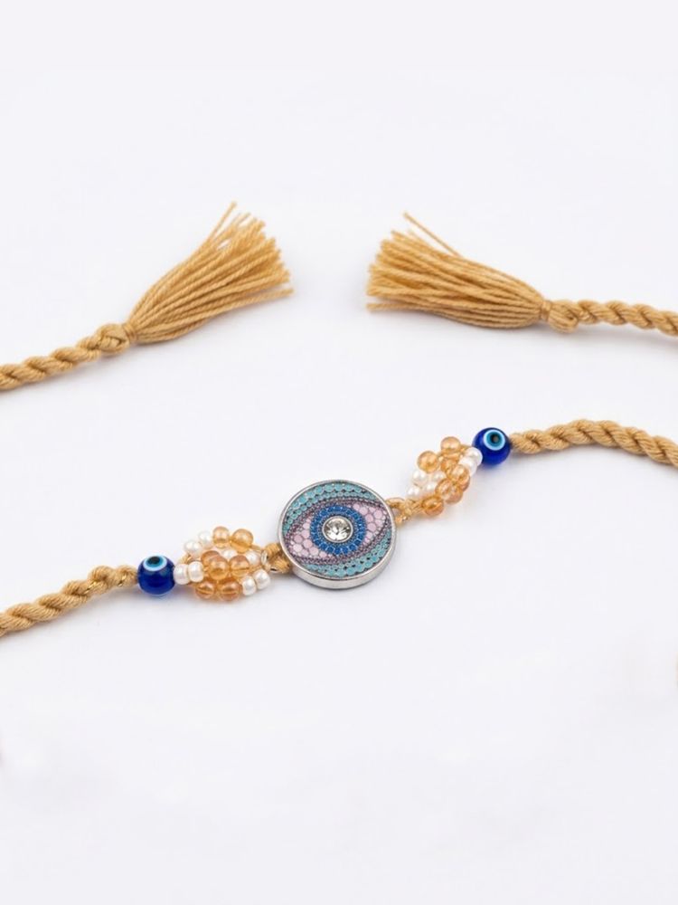 NVR Round Artificial Stones & Beads Brown Thread Rakhi With Roli Chawal Chandan Mishri