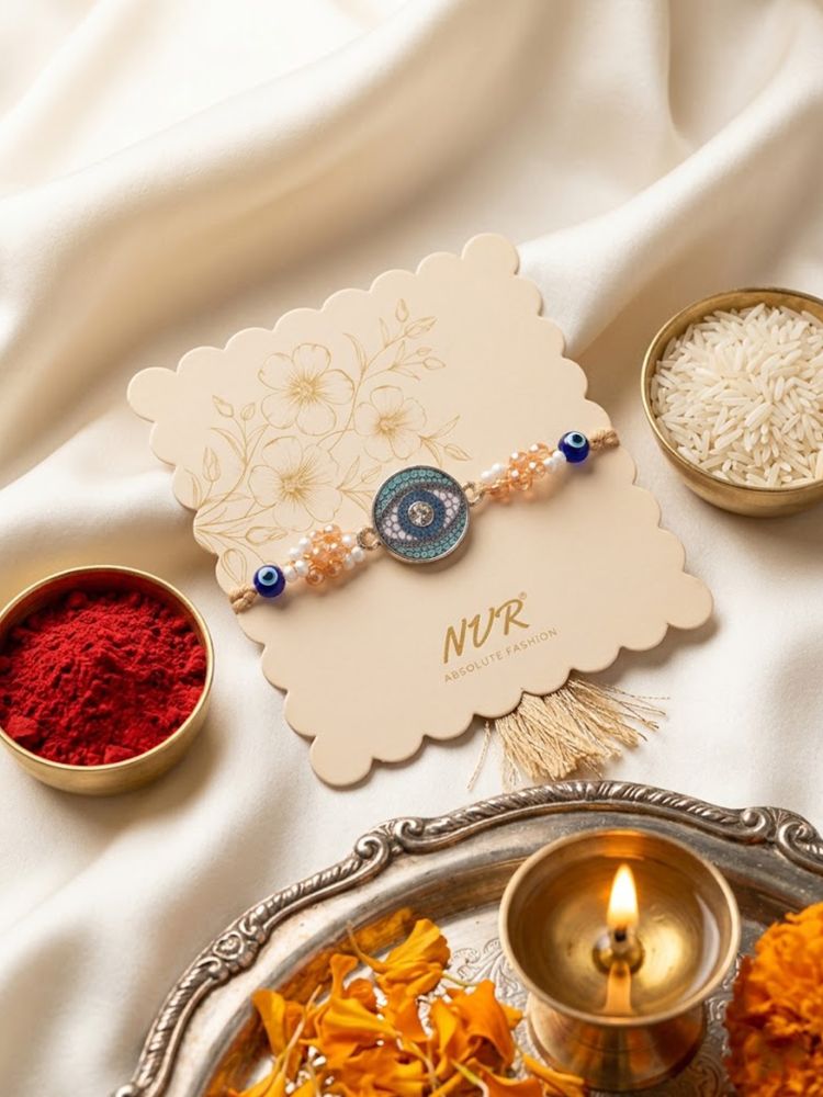 NVR Round Artificial Stones & Beads Brown Thread Rakhi With Roli Chawal Chandan Mishri